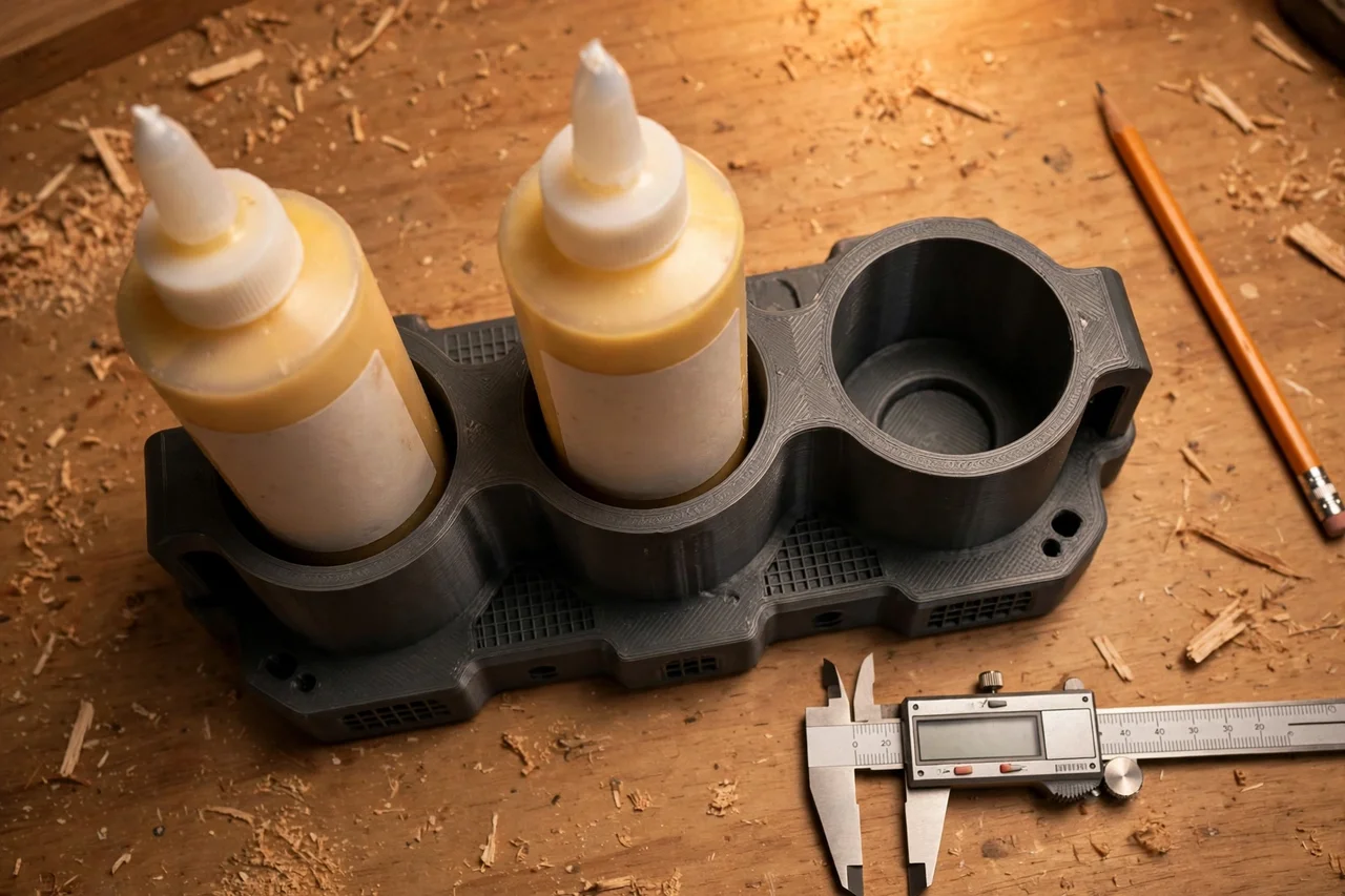 Close-up top-down view of a matte charcoal-gray 3D printed wood glue bottle holster being test-fitted with wood glue bottles on a workbench, calipers and a pencil nearby, warm workshop lighting