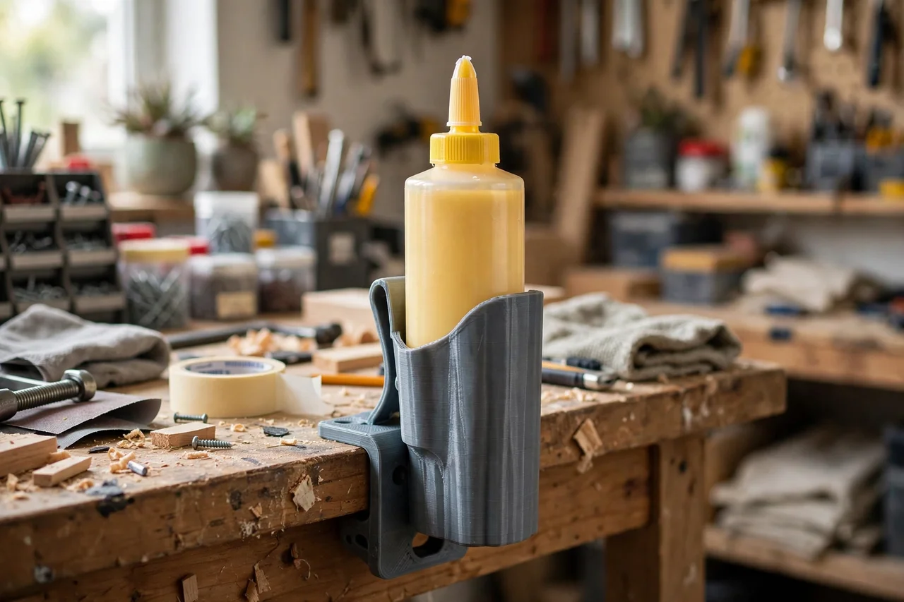View of the finished 3D printed wood glue bottle holster in use during a home repair tidy-up on a workbench, tidy workshop background in soft focus, bright natural light