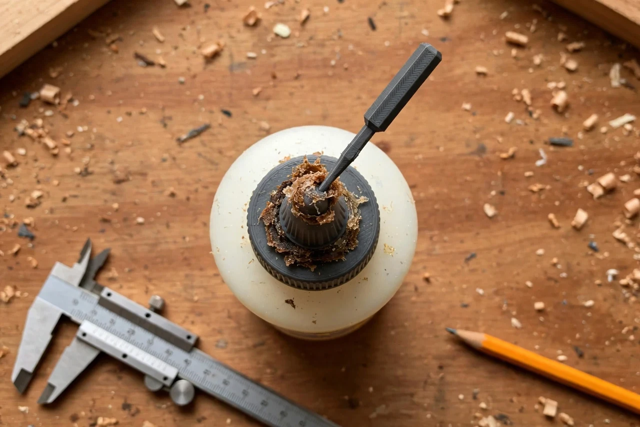 Close-up top-down view of a matte charcoal-gray 3D printed wood glue bottle tip cleaning tool being test-fitted against a wood glue bottle tip clogged with dried glue on a workbench, calipers and a pencil nearby, warm workshop lighting