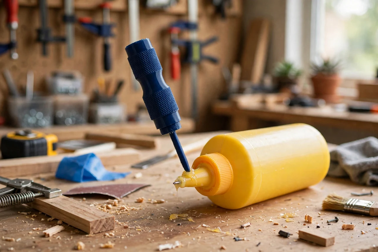 View of the finished 3D printed wood glue bottle tip cleaning tool in use on a home repair project on a workbench, tidy workshop background in soft focus, bright natural light