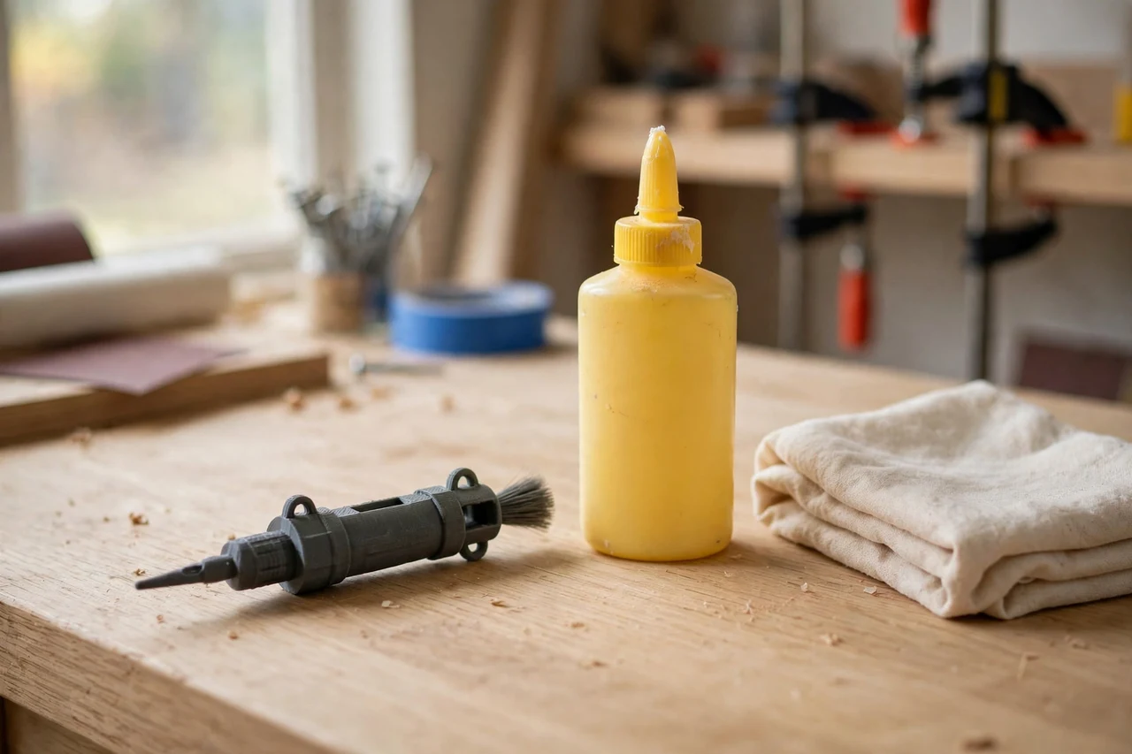 Home workshop scene on a light oak workbench, a matte charcoal-gray 3D printed wood glue bottle tip cleaning tool beside a glue bottle and a clean rag, soft natural window light, shallow depth of field