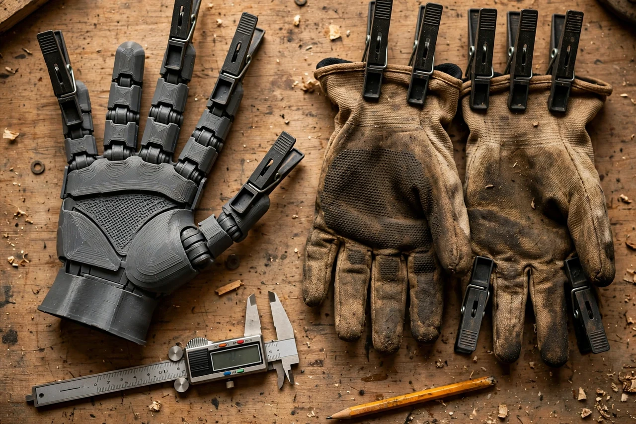 Close-up top-down view of a matte charcoal-gray 3D printed work glove drying clips being test-fitted against work gloves clipped up to dry after use on a workbench, calipers and a pencil nearby, warm workshop lighting