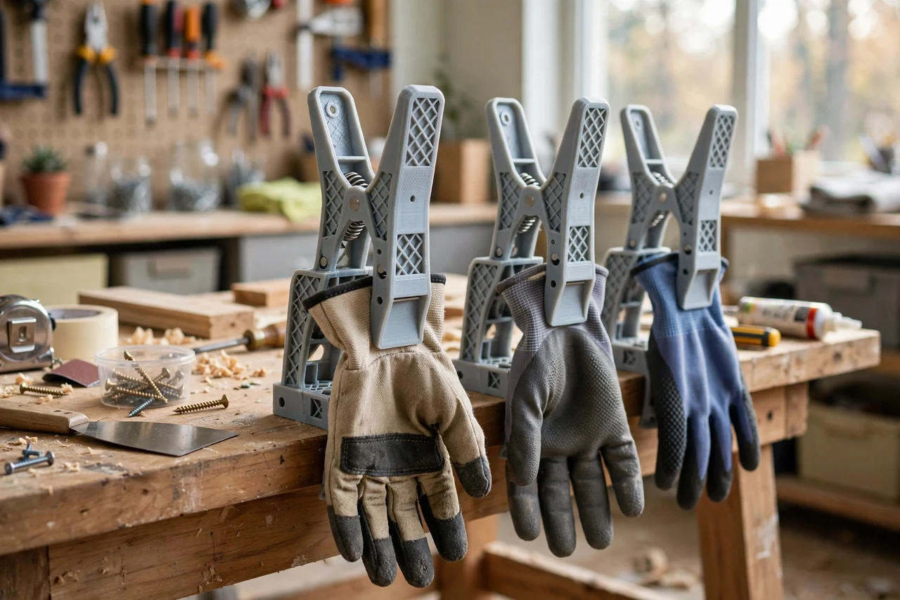 View of the finished 3D printed work glove drying clips in use on a home repair project on a workbench, tidy workshop background in soft focus, bright natural light