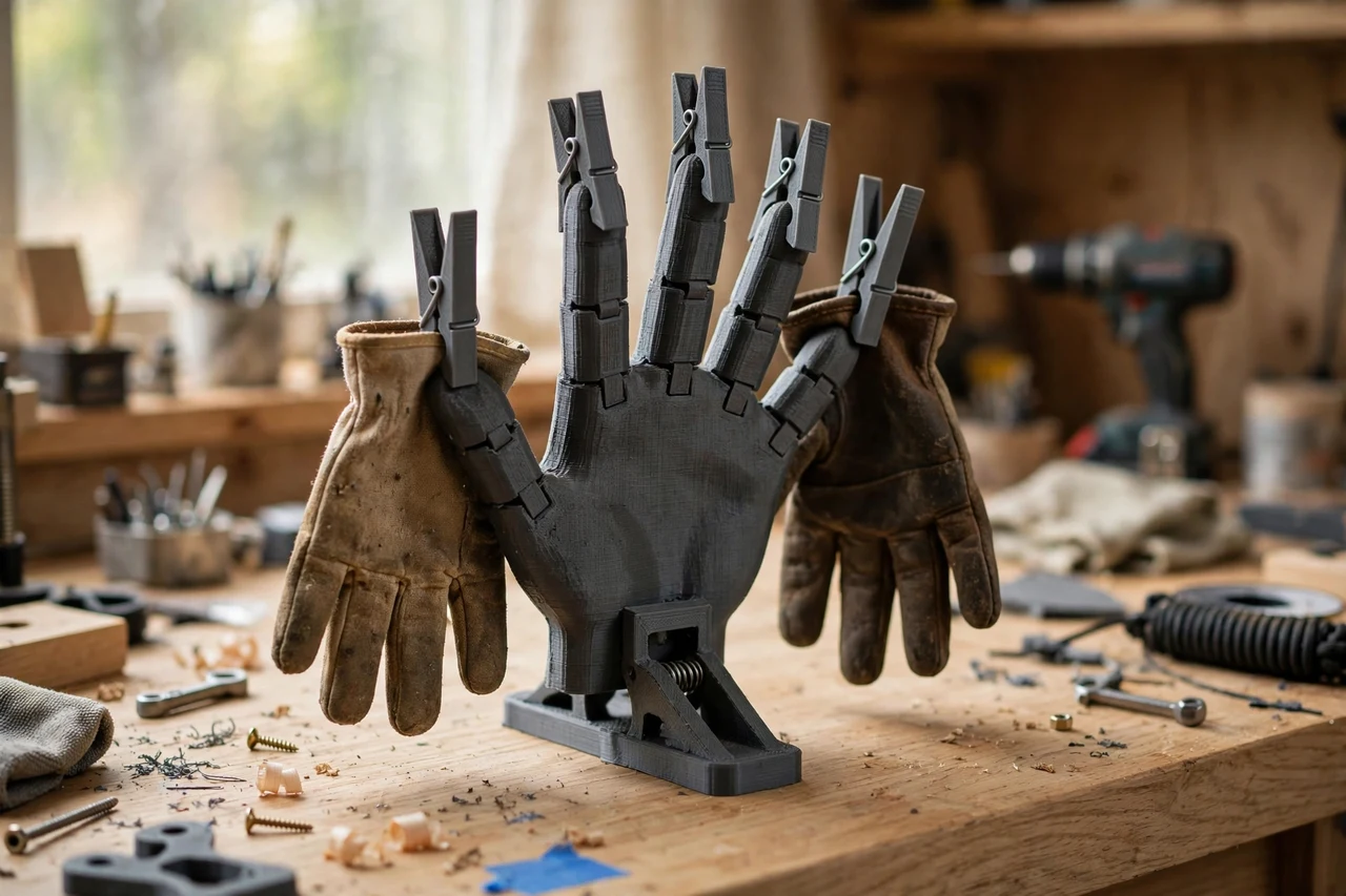 Home workshop scene on a light oak workbench, a matte charcoal-gray 3D printed work glove drying clips holding work gloves clipped up to dry after use, soft natural window light, shallow depth of field