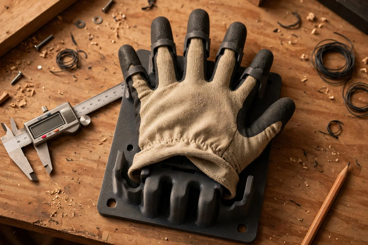 Close-up top-down view of a matte charcoal-gray 3D printed work glove wall holder being test-fitted with work gloves on a workbench, calipers and a pencil nearby, warm workshop lighting