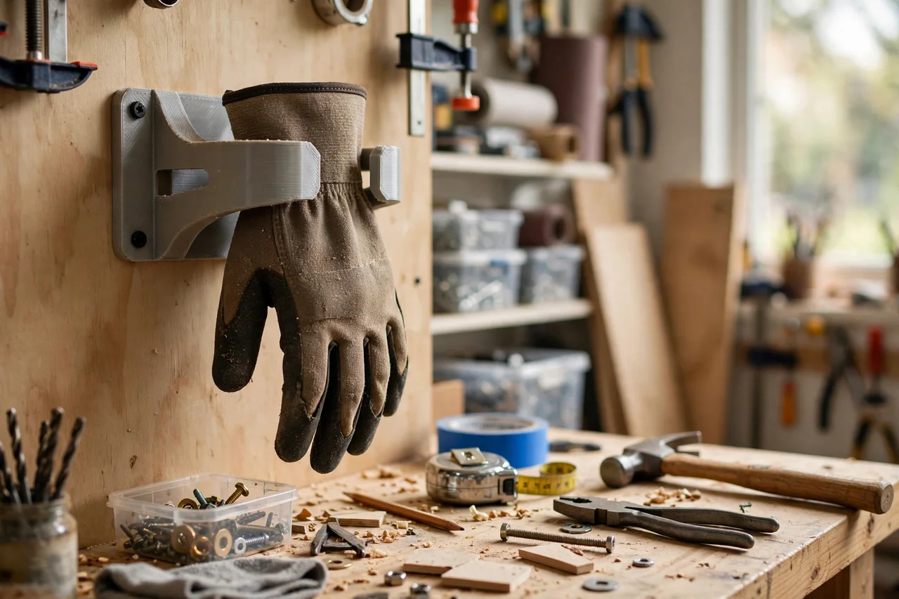 View of the finished 3D printed work glove wall holder in use during a home repair tidy-up on a workbench, tidy workshop background in soft focus, bright natural light