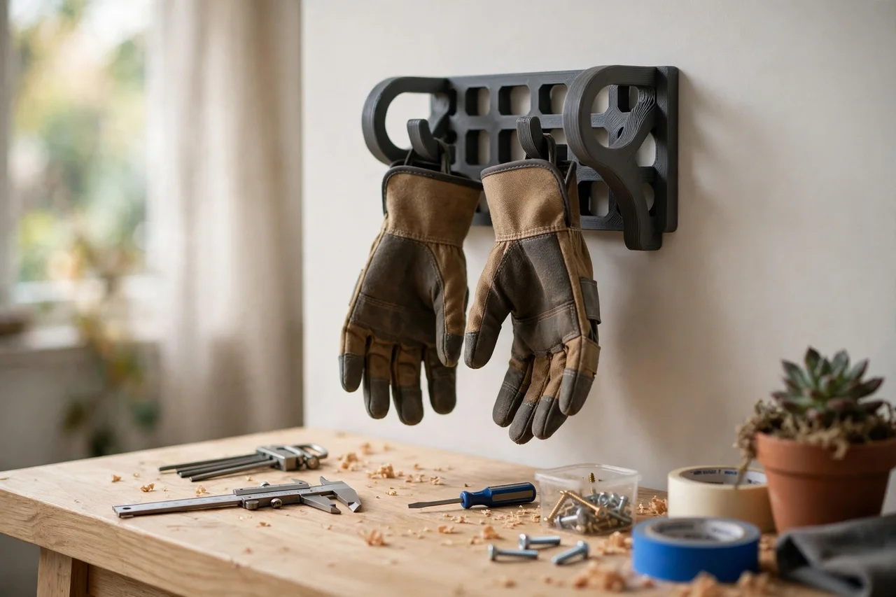 Home workshop scene on a light oak workbench, a matte charcoal-gray 3D printed work glove wall holder holding work gloves, soft natural window light, shallow depth of field