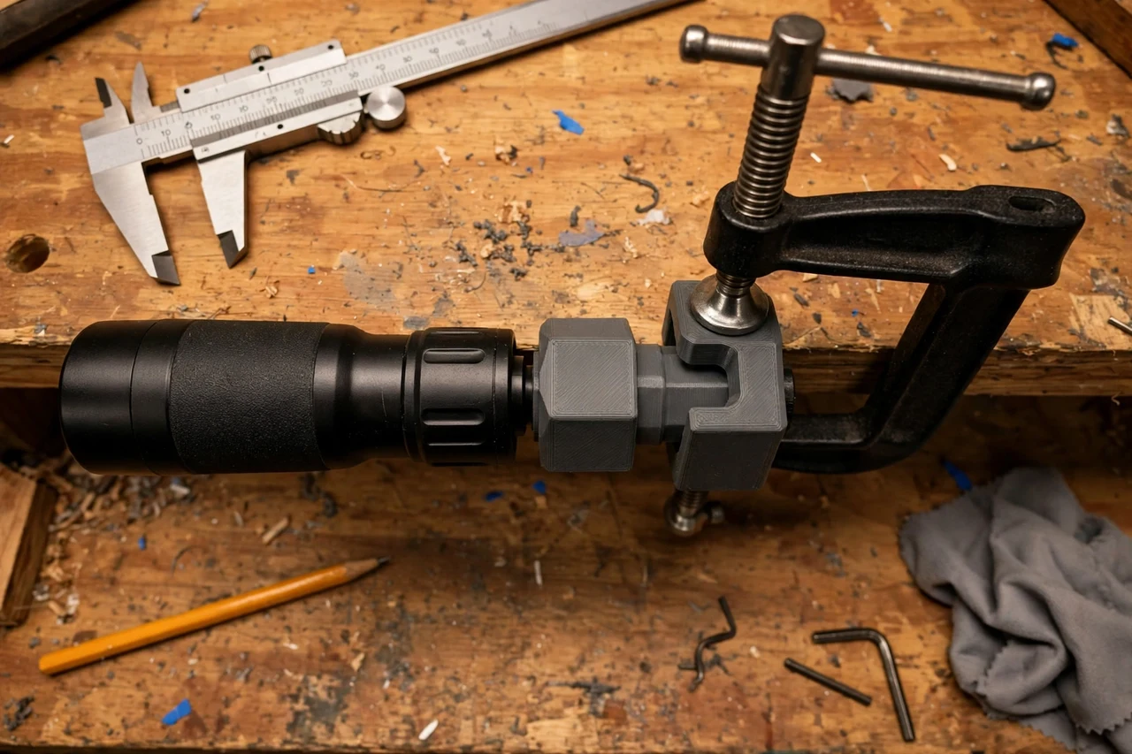 Close-up top-down view of a matte charcoal-gray 3D printed work light to clamp mount adapter being test-fitted against a work light and a clamp mount on a workbench, calipers and a pencil nearby, warm workshop lighting