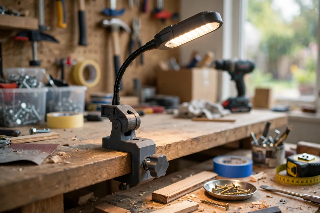 View of the finished 3D printed work light to clamp mount adapter in use on a home repair project on a workbench, tidy workshop background in soft focus, bright natural light