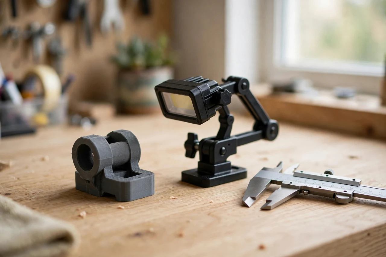 Home workshop scene on a light oak workbench, a matte charcoal-gray 3D printed work light to clamp mount adapter beside a work light and a clamp mount and a pair of calipers, soft natural window light, shallow depth of field