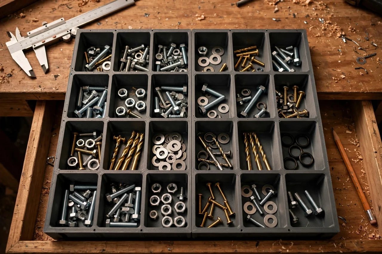 Close-up top-down view of a matte charcoal-gray 3D printed workbench drawer divider kit being test-fitted with workbench drawer contents on a workbench, calipers and a pencil nearby, warm workshop lighting