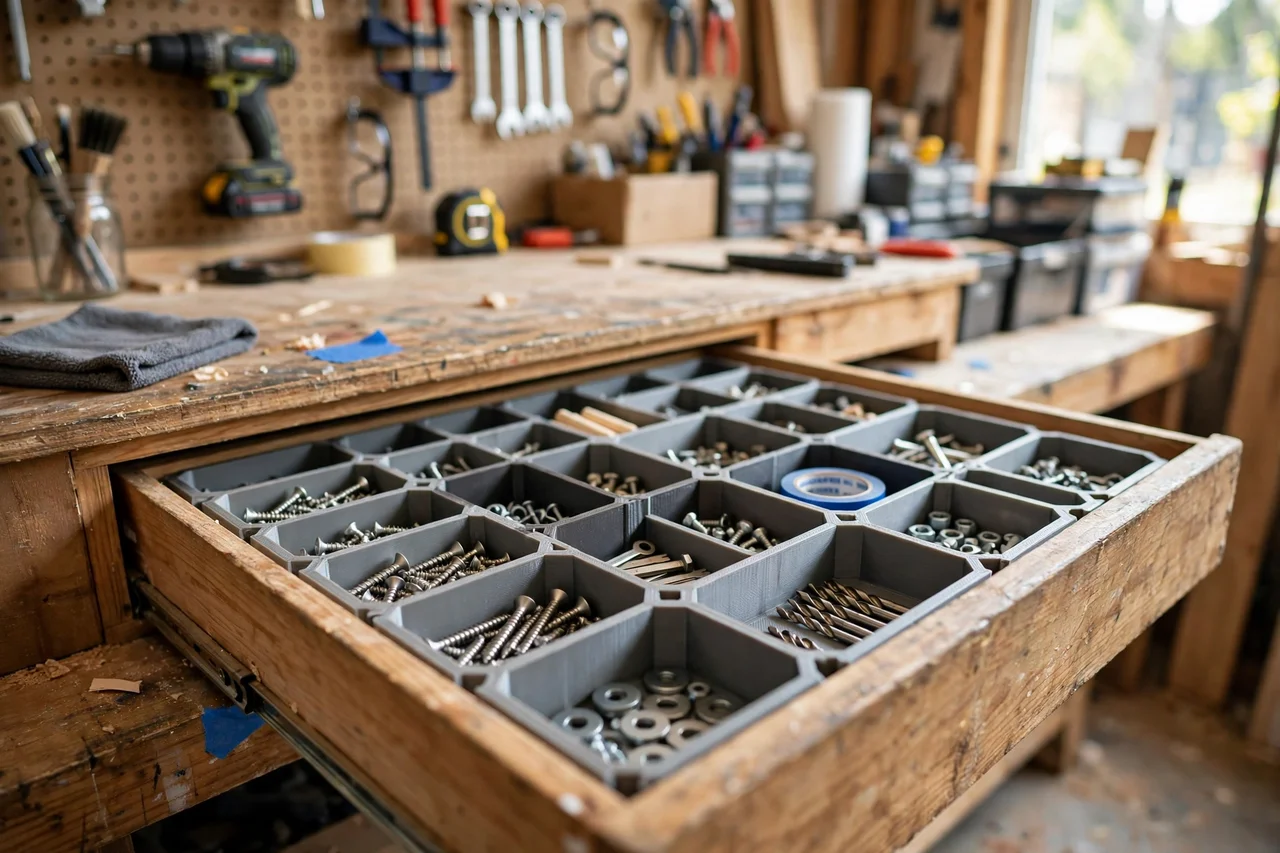 View of the finished 3D printed workbench drawer divider kit in use during a home repair tidy-up on a workbench, tidy workshop background in soft focus, bright natural light