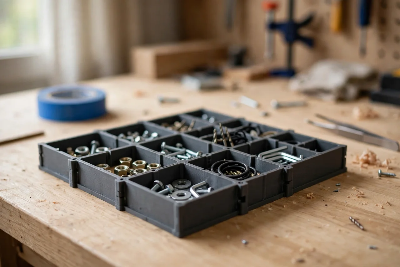 Home workshop scene on a light oak workbench, a matte charcoal-gray 3D printed workbench drawer divider kit holding workbench drawer contents, soft natural window light, shallow depth of field