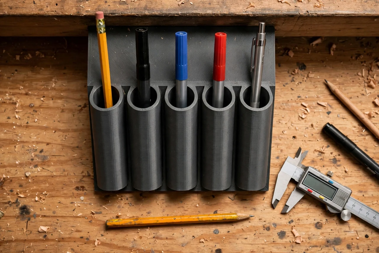 Close-up top-down view of a matte charcoal-gray 3D printed workbench pencil and marker holder being test-fitted against pencils and markers kept upright at the bench edge on a workbench, calipers and a pencil nearby, warm workshop lighting