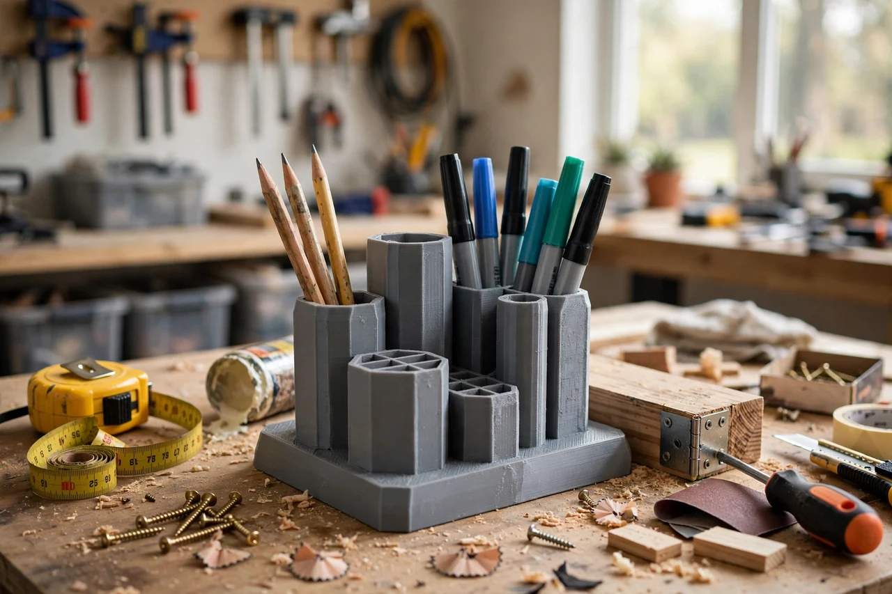 View of the finished 3D printed workbench pencil and marker holder in use on a home repair project on a workbench, tidy workshop background in soft focus, bright natural light