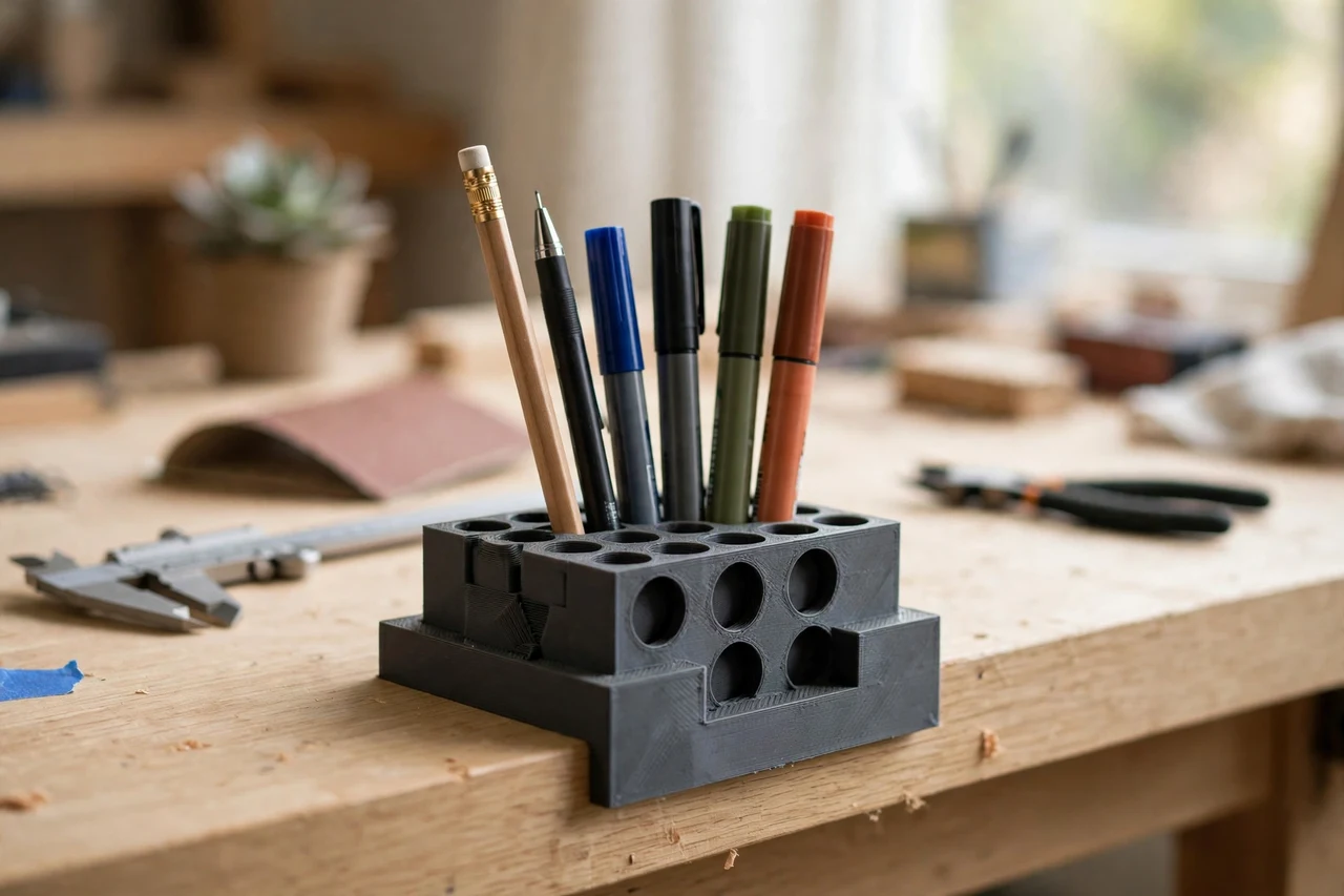 Home workshop scene on a light oak workbench, a matte charcoal-gray 3D printed workbench pencil and marker holder holding pencils and markers kept upright at the bench edge, soft natural window light, shallow depth of field