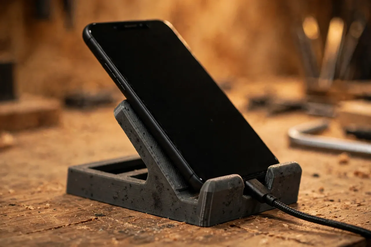 Close-up of a phone resting in a 3D printed bench stand with a front lip and a cable slot at the back, on a wooden workbench, warm workshop lighting