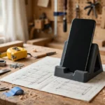 A bright home workshop workbench with a phone standing upright in a matte charcoal-gray 3D printed bench holder