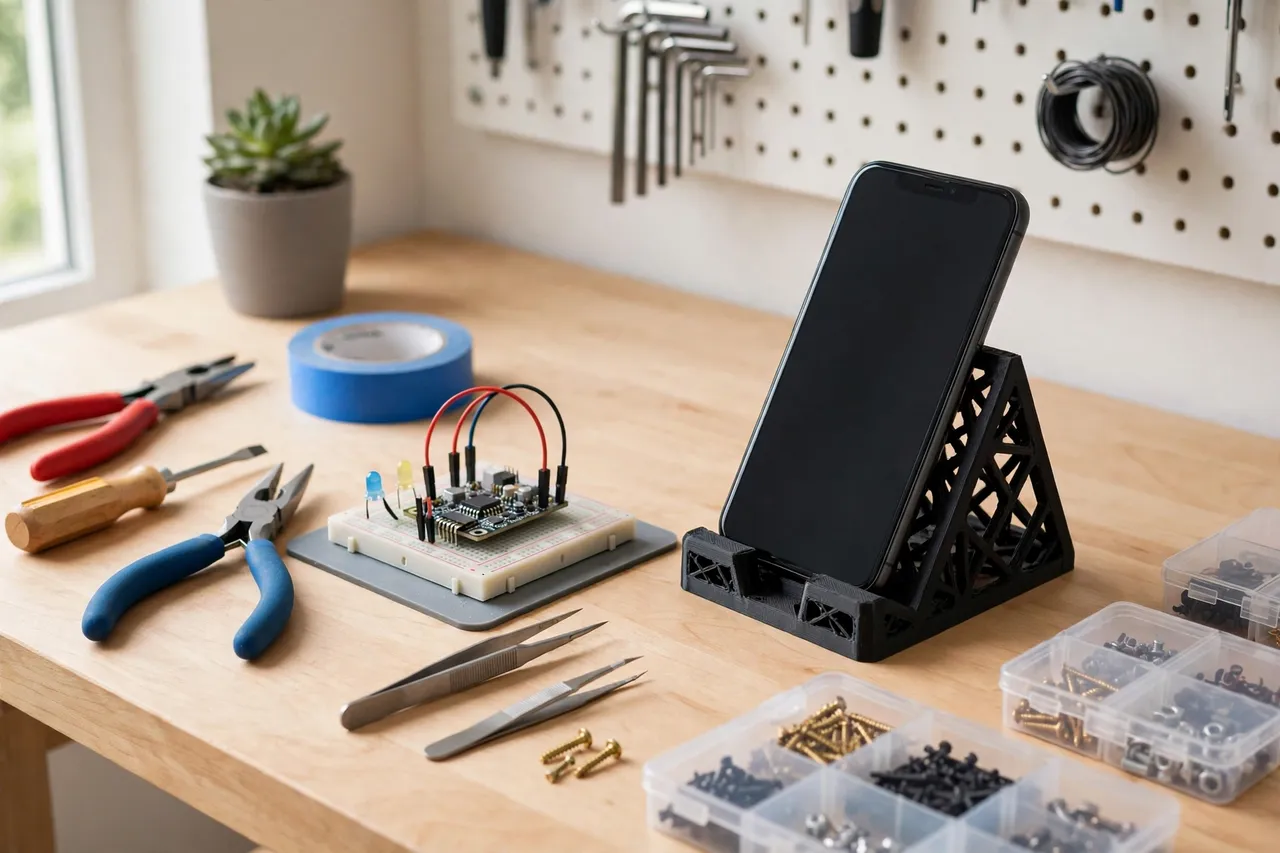 A tidy workbench corner with a phone in a printed holder angled toward the work area, a small project and hand tools nearby, bright and clean