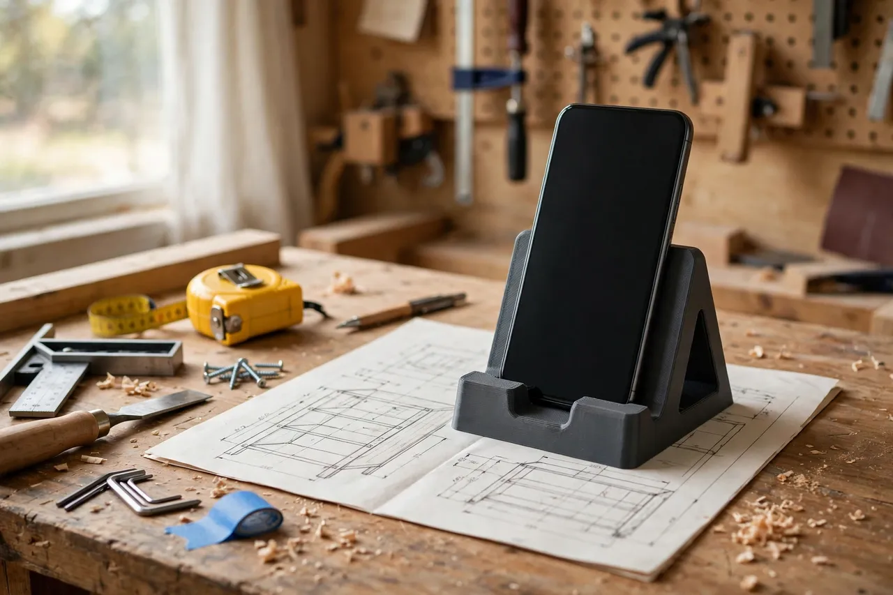 A bright home workshop workbench with a phone standing upright in a matte charcoal-gray 3D printed bench holder