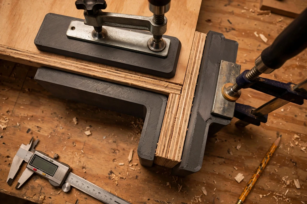 Close-up top-down view of a matte charcoal-gray 3D printed workpiece edge clamp guards being test-fitted against board edges protected under clamp jaws on a workbench, calipers and a pencil nearby, warm workshop lighting
