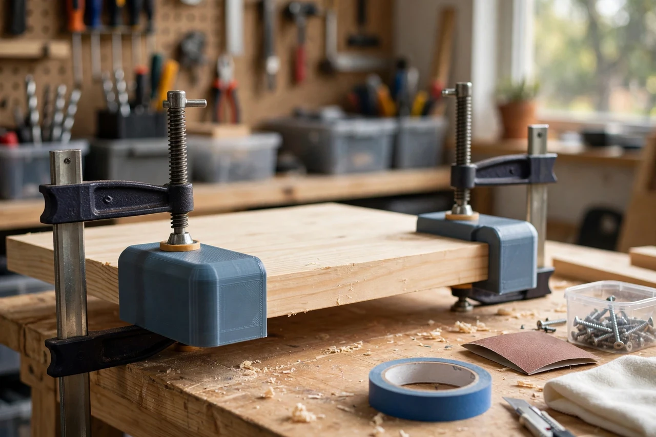 View of the finished 3D printed workpiece edge clamp guards in use on a home repair project on a workbench, tidy workshop background in soft focus, bright natural light