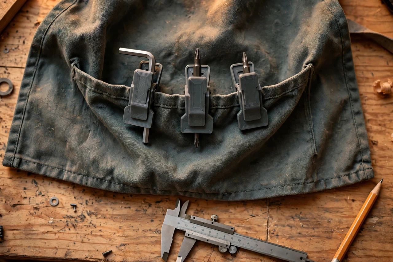 Close-up top-down view of a matte charcoal-gray 3D printed workshop apron tool clips being test-fitted against small tools clipped to a workshop apron pocket on a workbench, calipers and a pencil nearby, warm workshop lighting