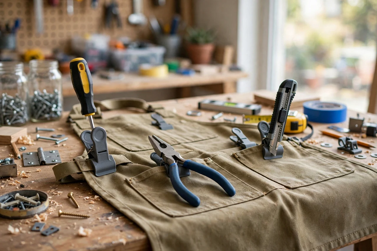 View of the finished 3D printed workshop apron tool clips in use on a home repair project on a workbench, tidy workshop background in soft focus, bright natural light