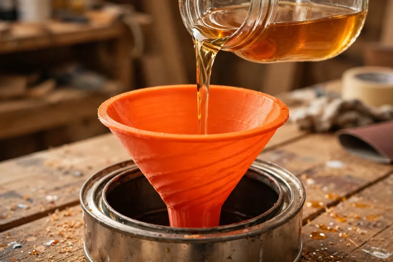 Close-up of a bright-orange flexible printed funnel seated in the mouth of a paint can while finish is poured through it from a jar