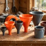 A bright home workshop scene, a set of matte charcoal-gray and bright-orange 3D printed funnels in three sizes standing on a wooden workbench