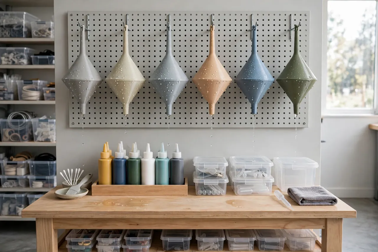Freshly rinsed printed funnels hanging to dry on peg hooks above a tidy workbench with labeled paint and glue containers stored neatly below