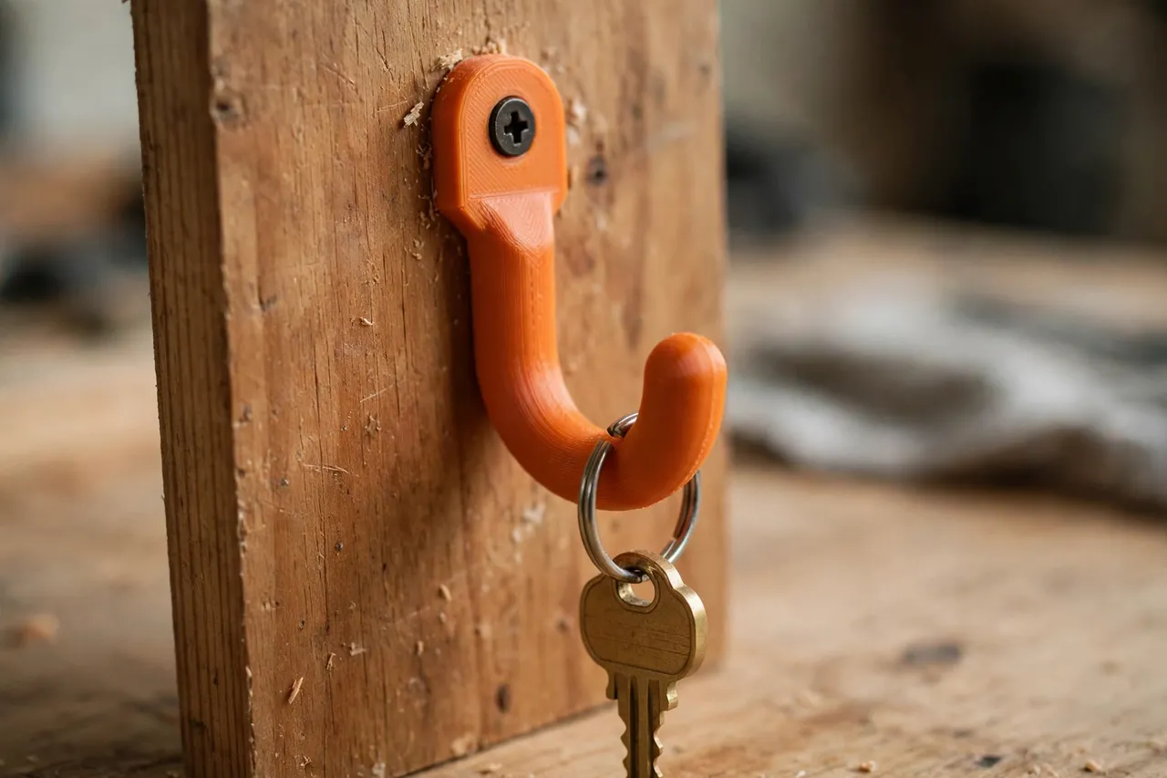 Close-up of a single 3D printed key hook in matte orange plastic screwed to a wooden board