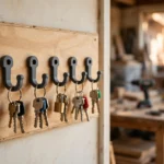 A workshop doorway wall with a neat row of charcoal-gray 3D printed key hooks on a plywood board