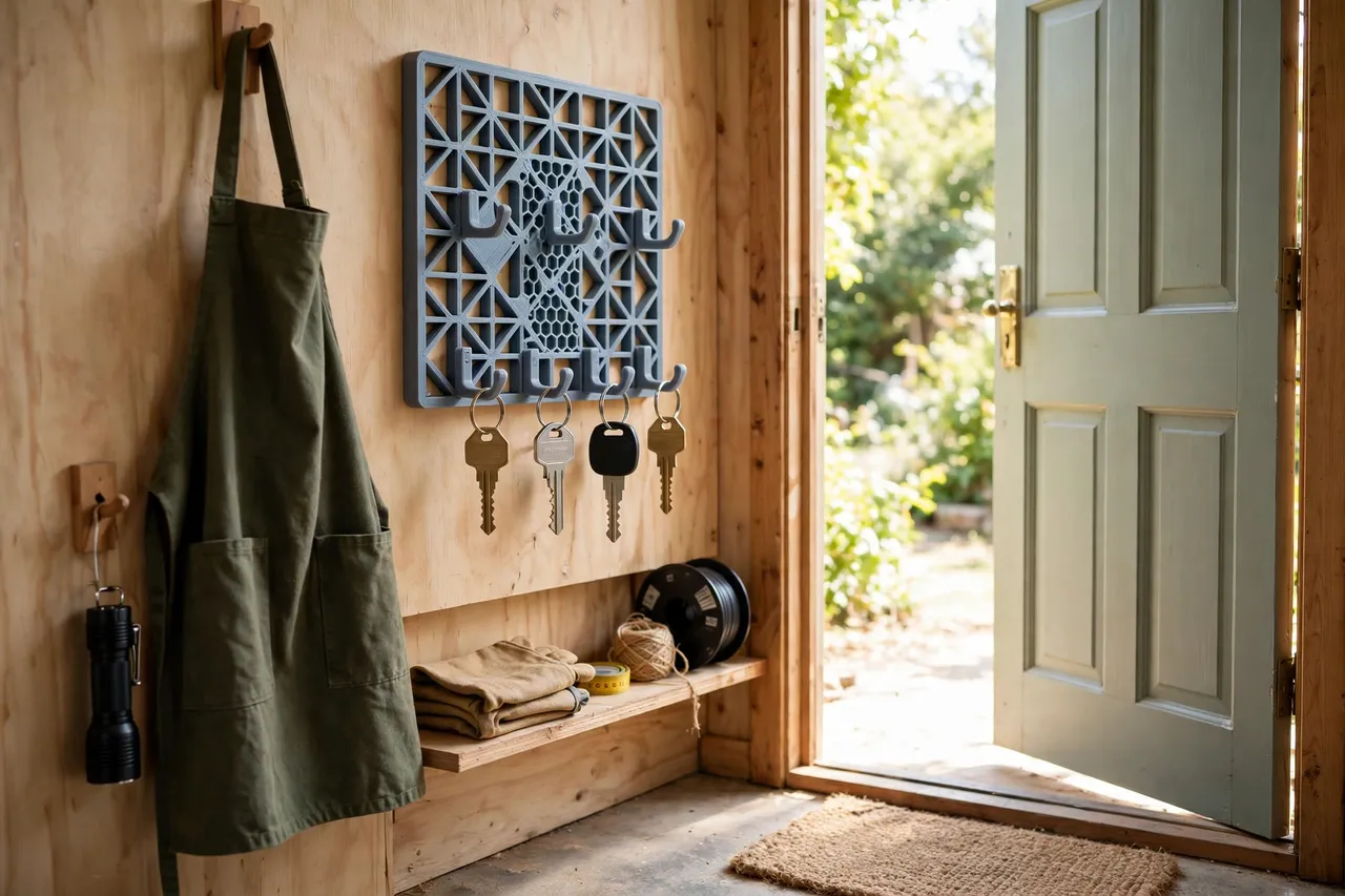 A small workshop entry corner with a 3D printed key hook board beside the door, keys, a torch, and a shop apron hanging nearby, clean bright daylight