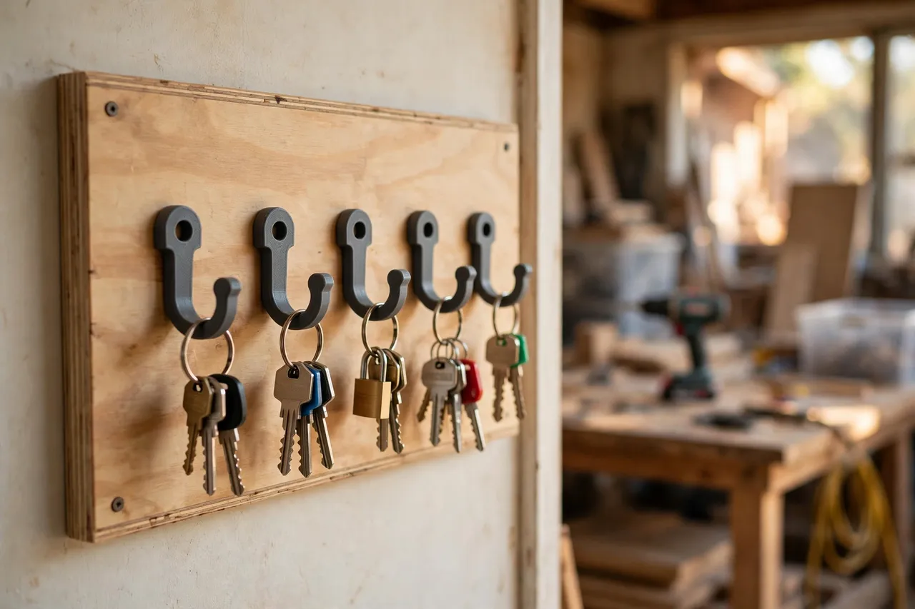 A workshop doorway wall with a neat row of charcoal-gray 3D printed key hooks on a plywood board