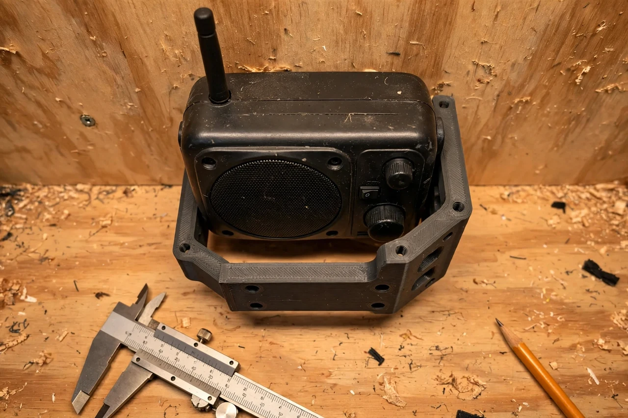 Close-up top-down view of a matte charcoal-gray 3D printed workshop radio wall brackets being test-fitted against a small workshop radio mounted on the wall on a workbench, calipers and a pencil nearby, warm workshop lighting