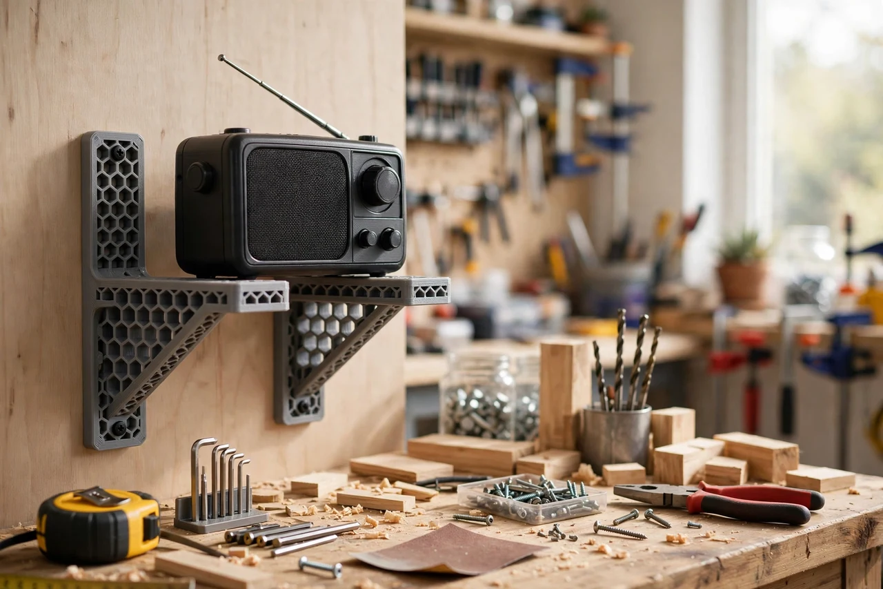 View of the finished 3D printed workshop radio wall brackets in use on a home repair project on a workbench, tidy workshop background in soft focus, bright natural light