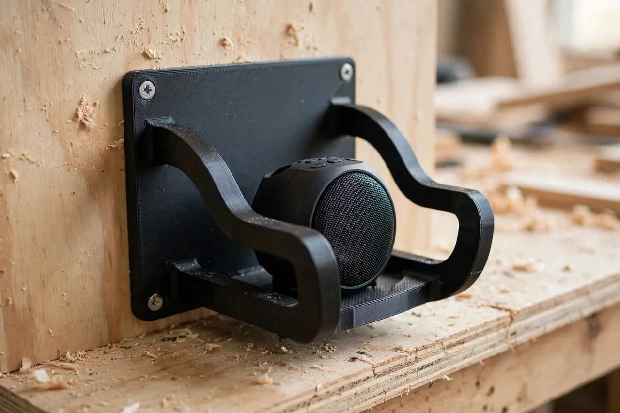 Close-up of a 3D printed speaker mount in matte black plastic screwed to a plywood workshop wall