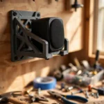 A home workshop wall with a small black bookshelf speaker sitting in a charcoal-gray 3D printed wall mount above a workbench