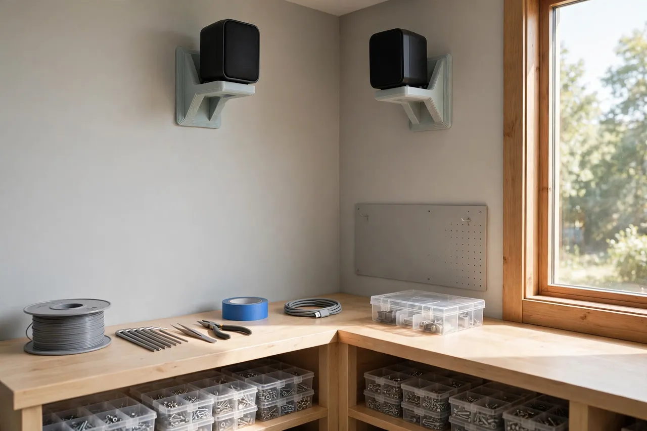 A tidy workshop corner with two small speakers mounted high on the wall in matching 3D printed mounts, a clear workbench below, bright daylight