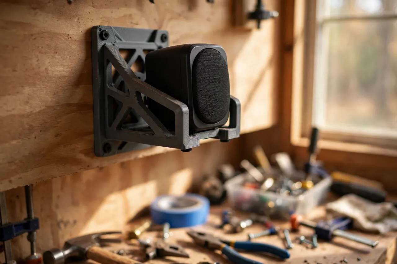 A home workshop wall with a small black bookshelf speaker sitting in a charcoal-gray 3D printed wall mount above a workbench