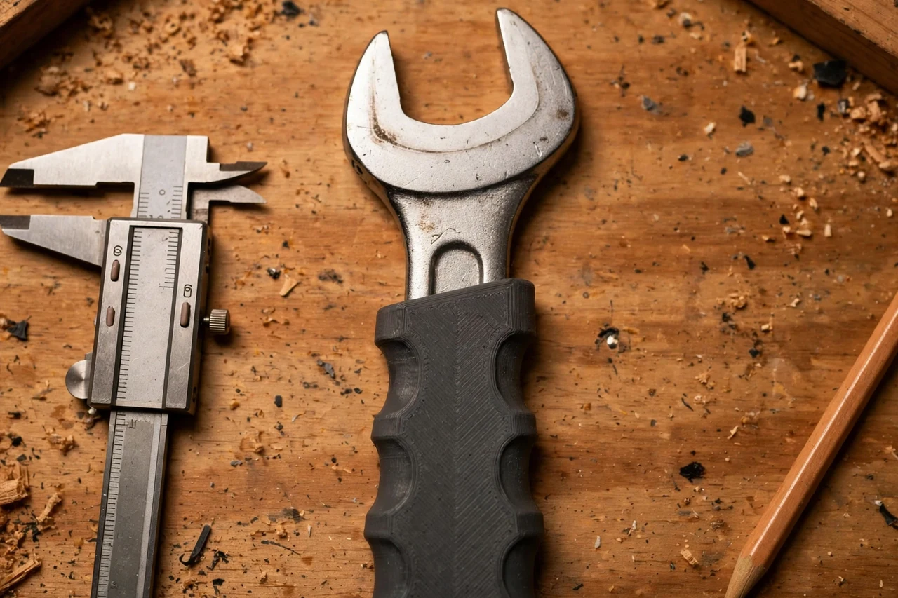 Close-up top-down view of a matte charcoal-gray 3D printed wrench handle grip extender being test-fitted against an open-ended wrench handle that is hard to hold on a workbench, calipers and a pencil nearby, warm workshop lighting
