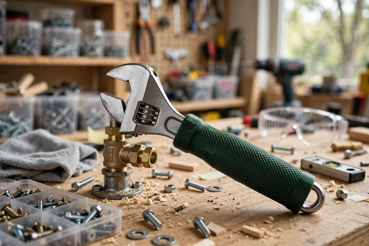 View of the finished 3D printed wrench handle grip extender in use on a home repair project on a workbench, tidy workshop background in soft focus, bright natural light