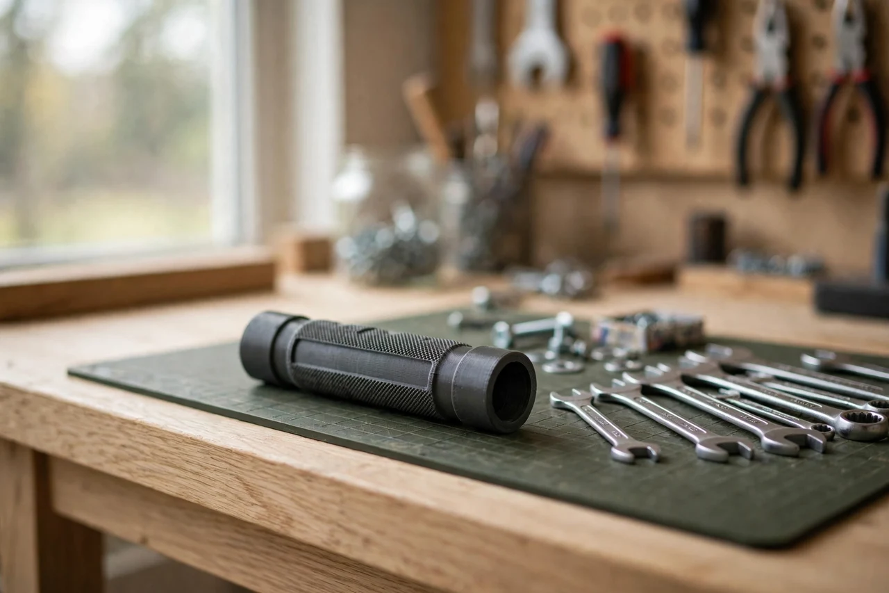 Home workshop scene on a light oak workbench, a matte charcoal-gray 3D printed wrench handle grip extender beside a wrench set and a bench mat, soft natural window light, shallow depth of field