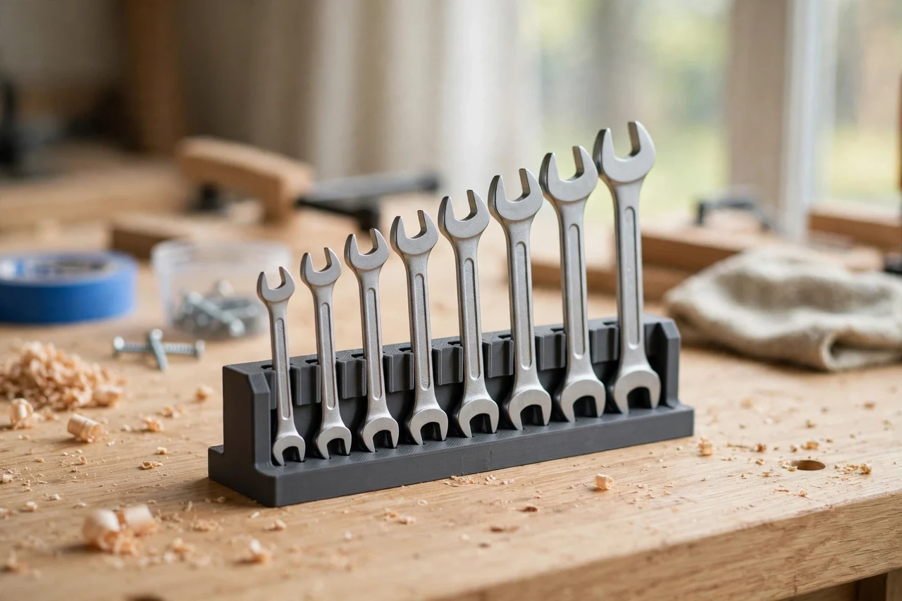 Home workshop scene on a light oak workbench, a matte charcoal-gray 3D printed wrench organizer clamp rail holding combination wrenches held in size order on a rail, soft natural window light, shallow depth of field