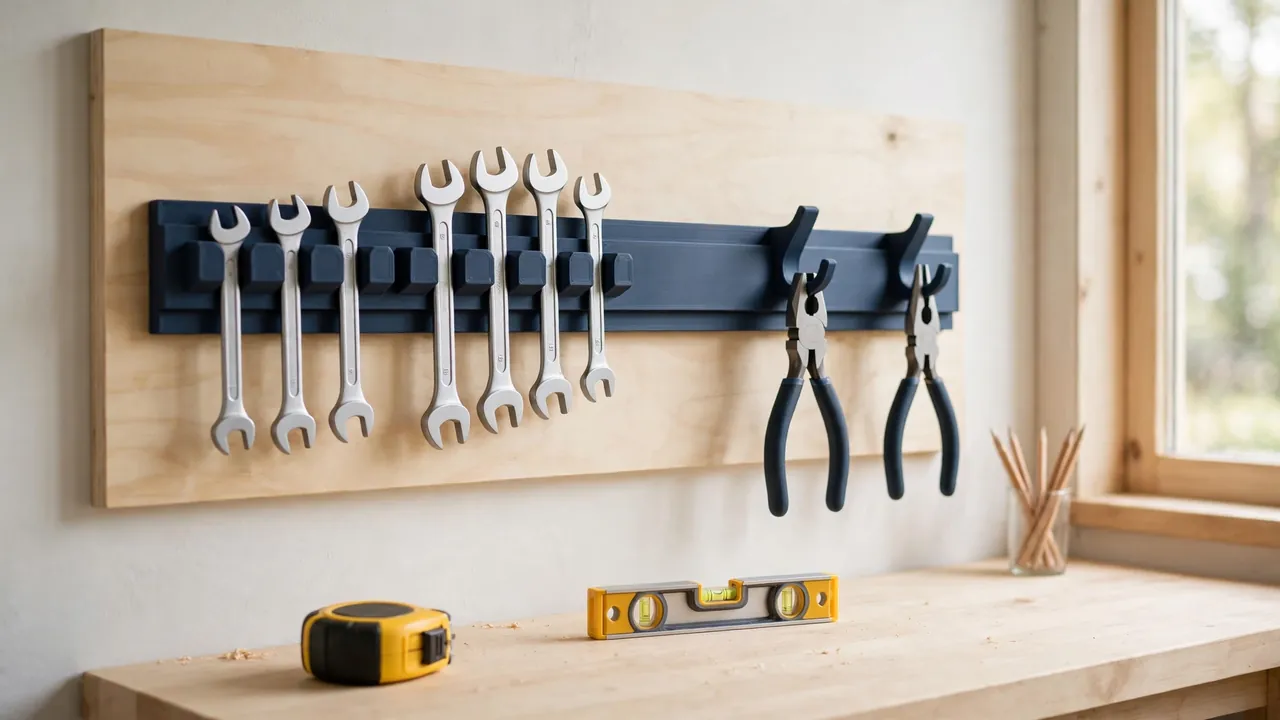 A bright home workshop wall scene, a matte navy-blue 3D printed rail mounted on a pale timber backer board holding a neat row of combination wrenches