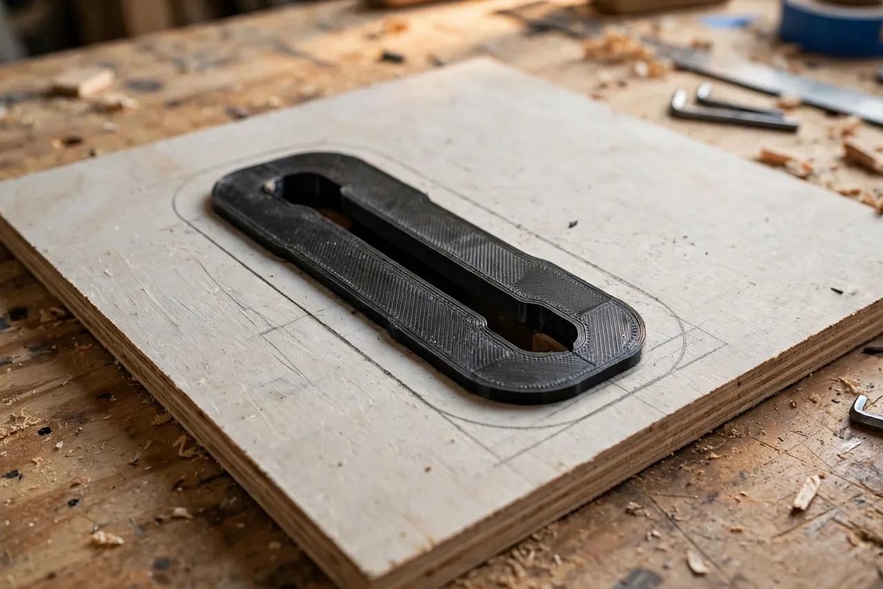 Close-up view of a 3D printed insert template tracing the outline of a table saw throat opening onto a plywood blank on a workbench