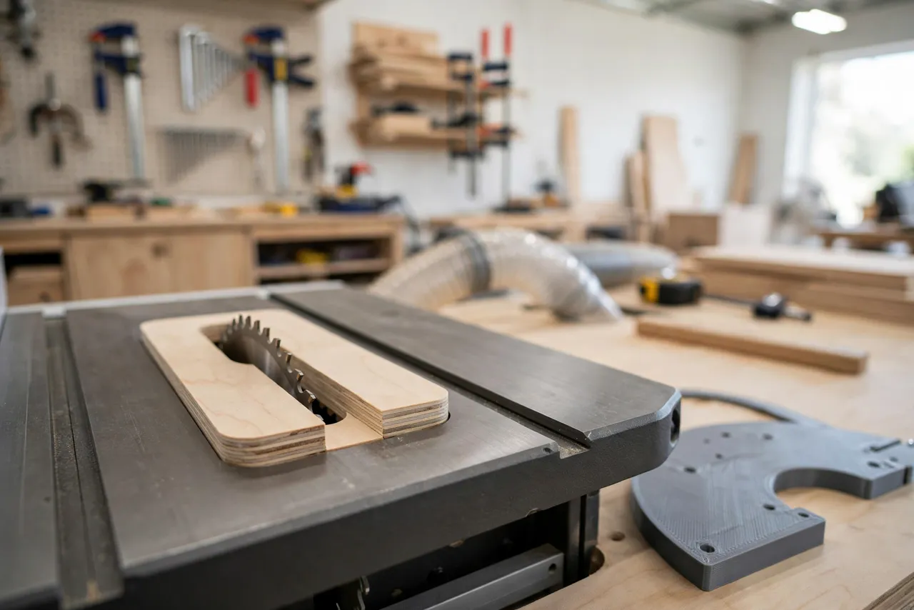A finished table saw with a snug-fitting plywood zero-clearance insert installed flush with the table surface