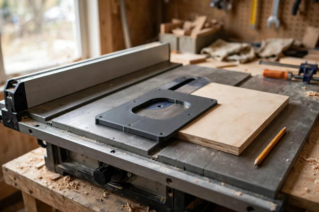 A bright home workshop scene with a table saw