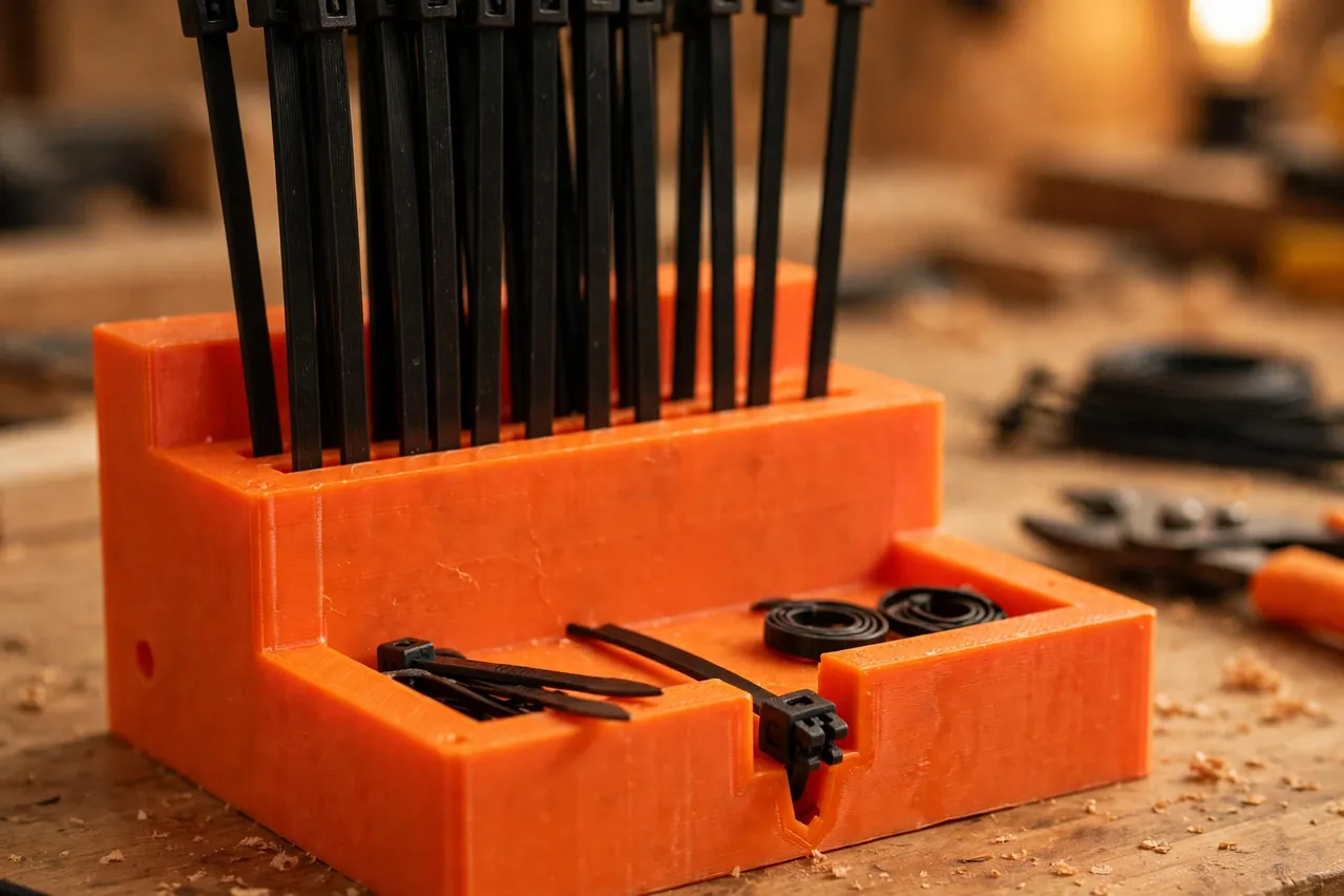 Close-up view of the stepped sorting slots of a bright-orange 3D printed zip tie station